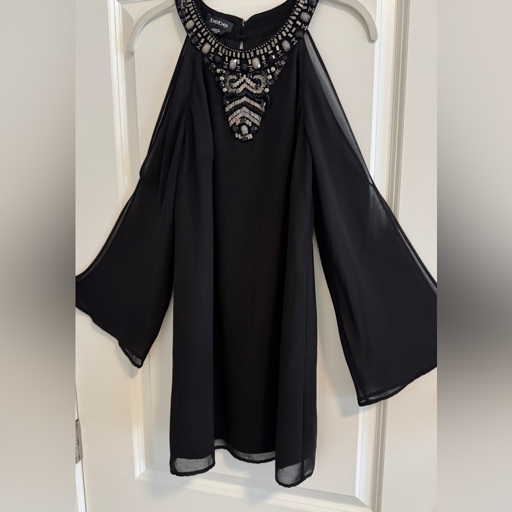 bebe Black Cold Shoulder Dress with Beaded Neckline